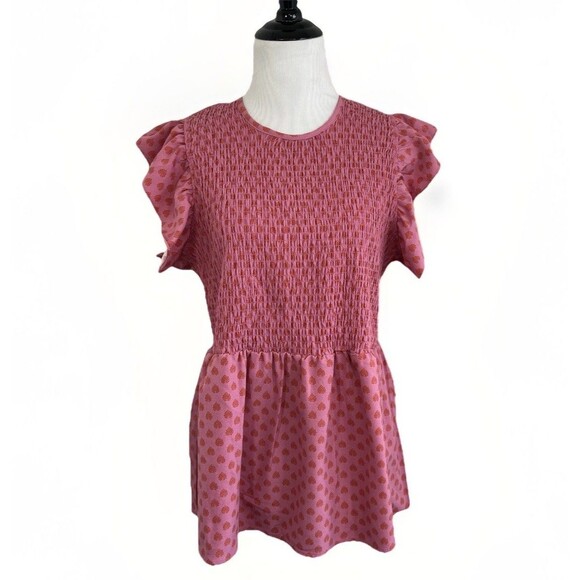 Michelle Mcdowell Tops - Michelle McDowell Smocked Flutter-Sleeve Pink Blouse Medium